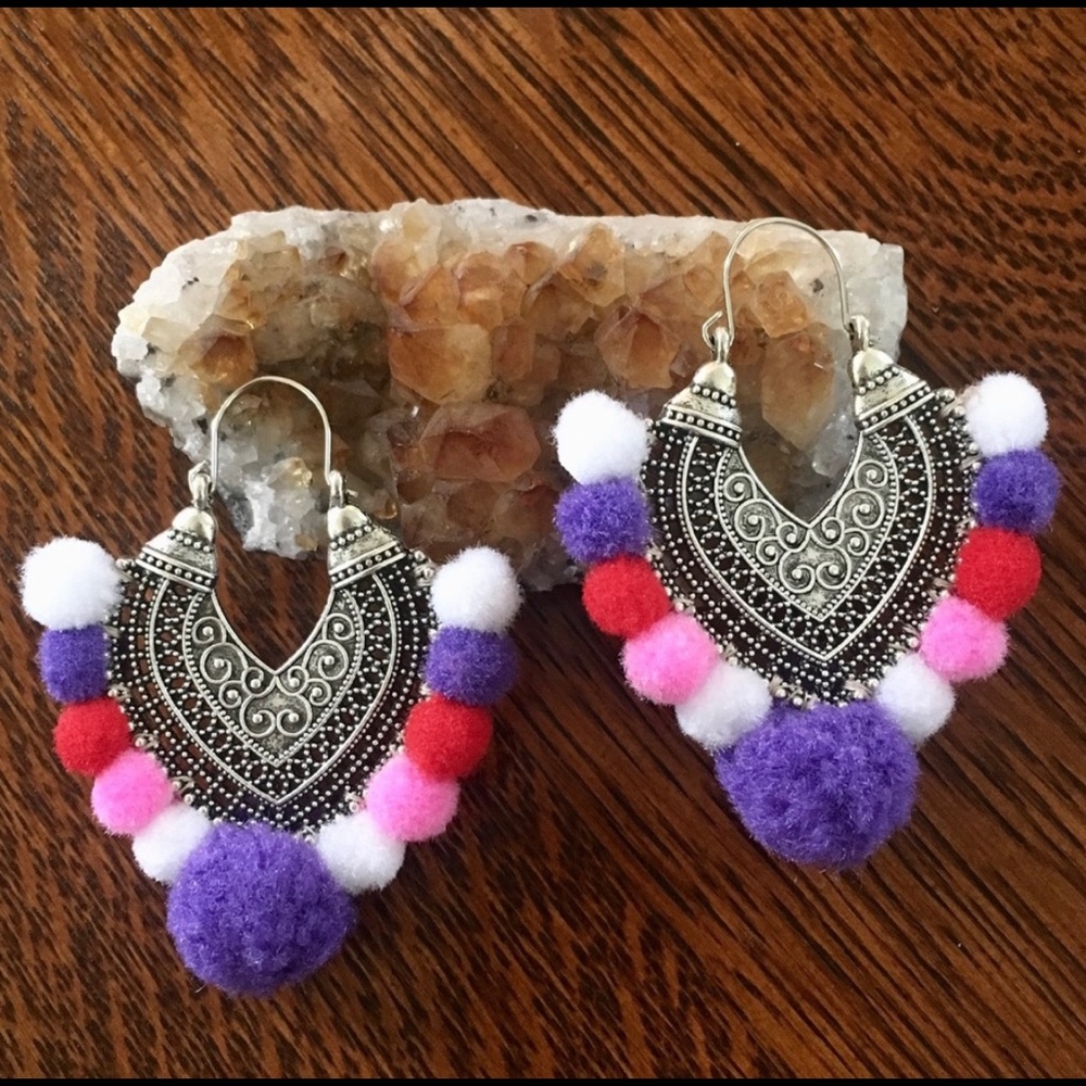Boho Tribal Pom Pom Earrings
